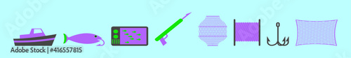 set of fishing cartoon icon design template with various models. vector illustration isolated on blue background