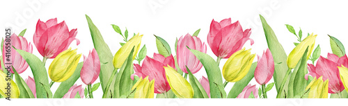 Watercolor seamless border of pink and yellow tulips and green leaves. Easter floral border.