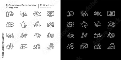 E commerce departments linear icons set for dark and light mode. Online shopping categories. Internet retail. Customizable thin line symbols. Isolated vector outline illustrations. Editable stroke