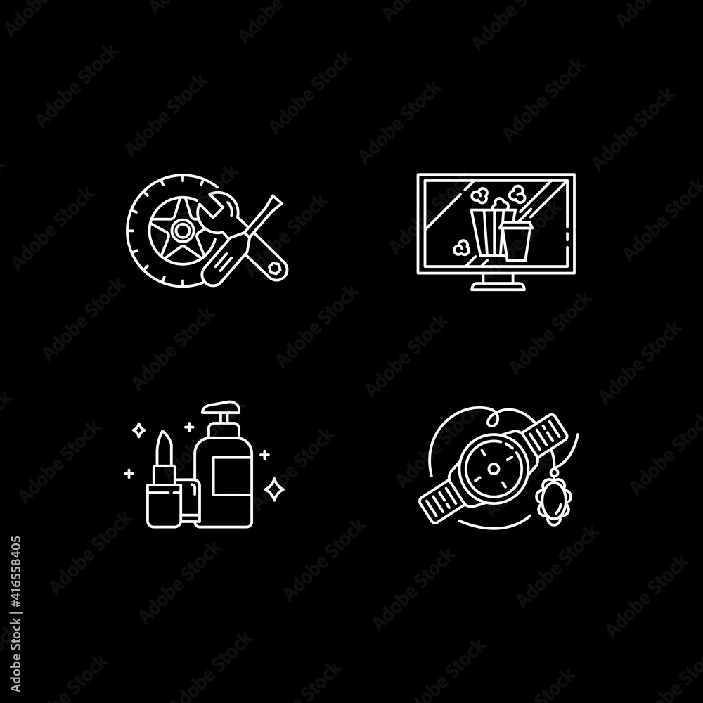 Online retail white linear icons set for dark theme. Car and auto parts. Home entertainment. Night mode customizable thin line symbols. Isolated vector outline illustrations. Editable stroke Online retail white linear icons set for dark theme. Car and auto parts. Home entertainment. Night mode customizable thin line symbols. Isolated vector outline illustrations. Editable stroke