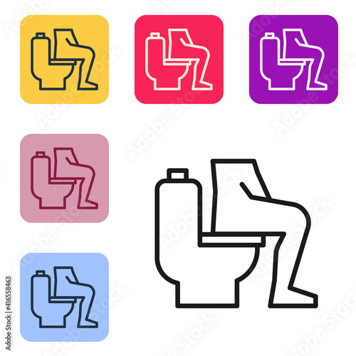 Black line Men sitting on the toilet and Constipation are experiencing severe abdominal pain icon isolated on white background. Set icons in color square buttons. Vector.