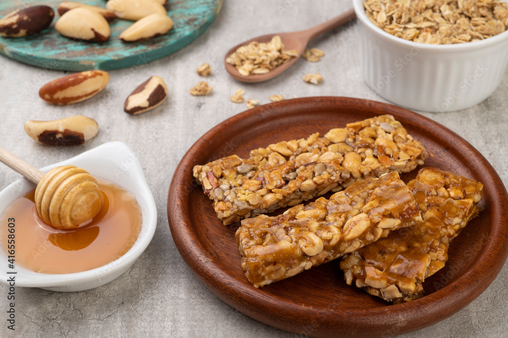 Homemade cereal bars with nuts, muesli and honey Homemade cereal bars with nuts, muesli and honey