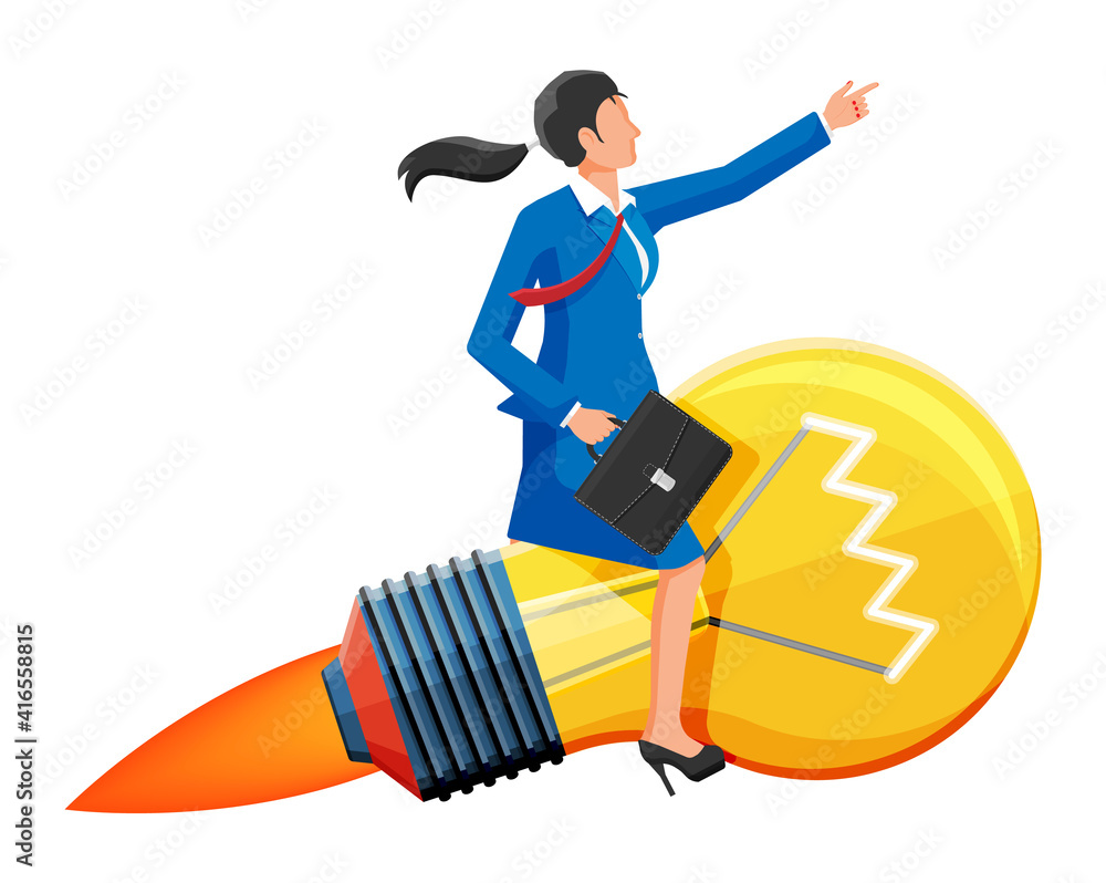 Successful businesswoman sits on flying rocket light bulb. Concept of creative idea or inspiration, business start up. Glass bulb with spiral in flat style. Vector illustration