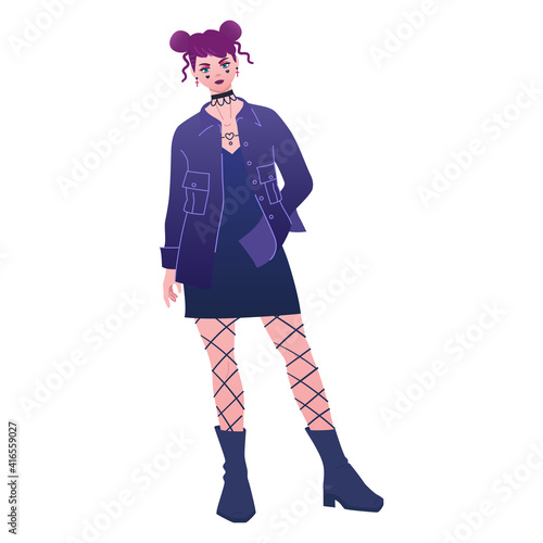 E-girl wears trendy outfit. Punk fashion dark look, new emo style. Young girl in modern outfit with odango hair, short slip dress and shirt jacket. Fashion sketch of stylish female outfit