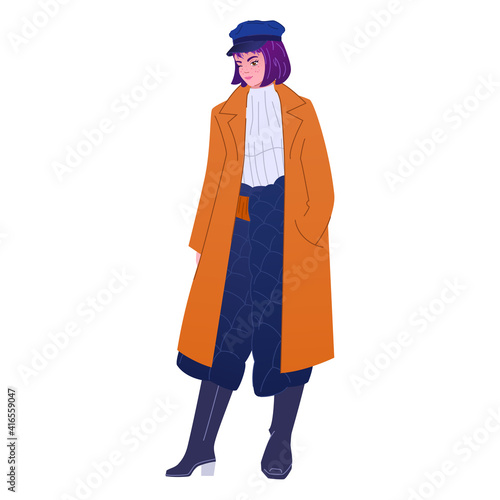 Purple colored hair fashionista wears trendy outfit with quilted skirt, coat and beret hat. Elegant young adult woman in warm fashion look. Fashion sketch of stylish female outfit for fall or spring