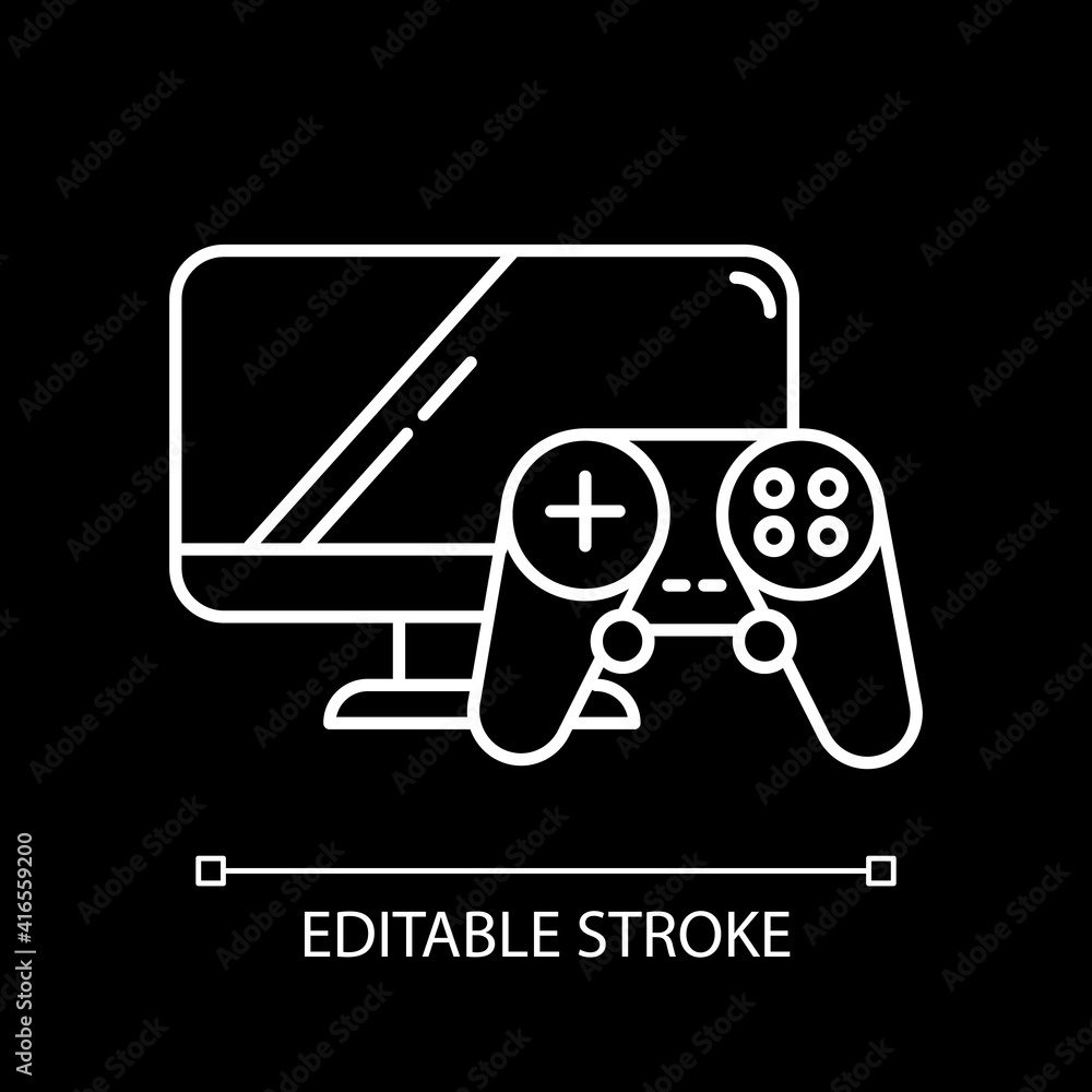 Video games and consoles white linear icon for dark theme. Computer, game controller and monitor. Thin line customizable illustration. Isolated vector contour symbol for night mode. Editable stroke Video games and consoles white linear icon for dark theme. Computer, game controller and monitor. Thin line customizable illustration. Isolated vector contour symbol for night mode. Editable stroke