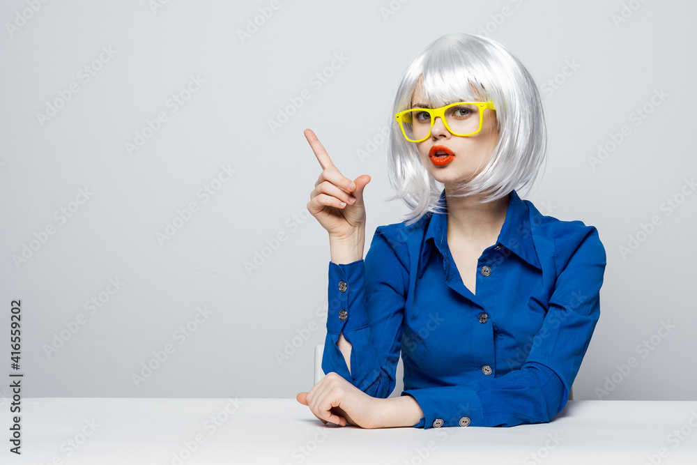 glamorous woman white hair smile yellow glasses emotions 