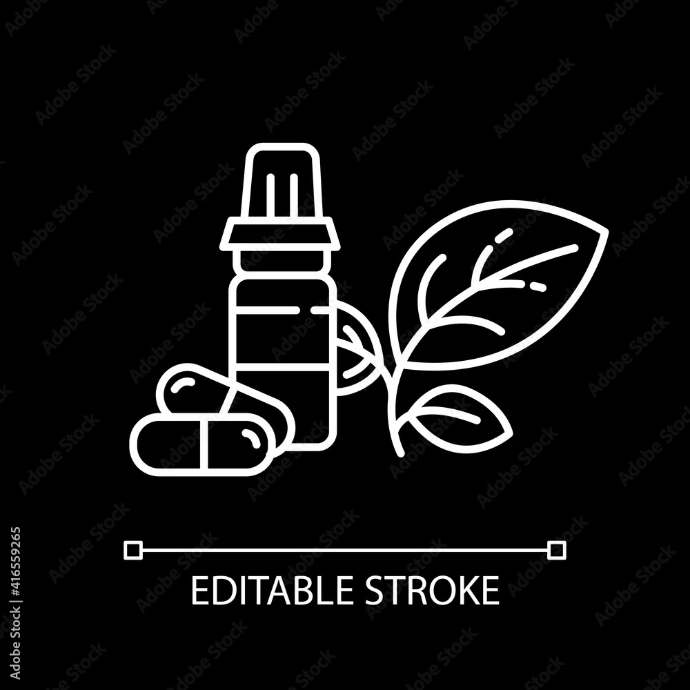 Health products white linear icon for dark theme. Medication and pills. Vitamins and supplements. Thin line customizable illustration. Isolated vector contour symbol for night mode. Editable stroke Health products white linear icon for dark theme. Medication and pills. Vitamins and supplements. Thin line customizable illustration. Isolated vector contour symbol for night mode. Editable stroke