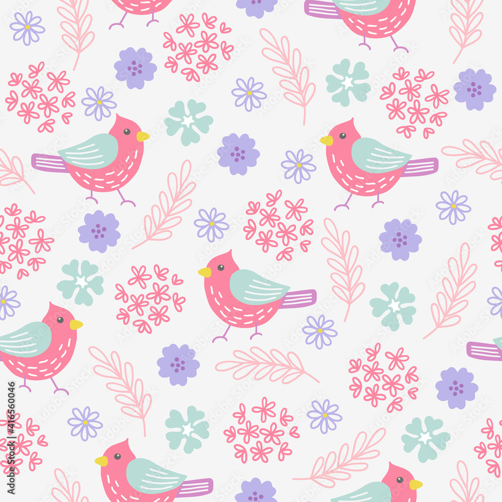 Fototapeta Spring seamless pattern with birds, leaves and flowers