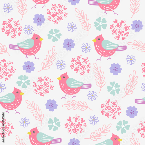 Spring seamless pattern with birds, leaves and flowers