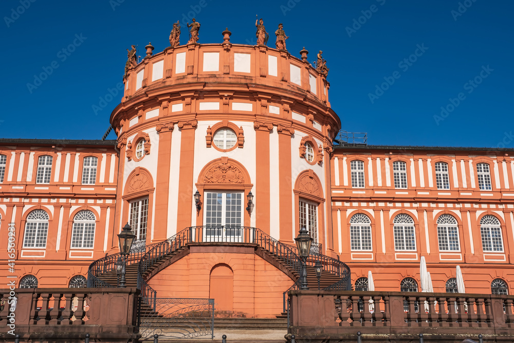 View of a part of the building and the stairs of the castle in Wiesbaden-Biebrich / Germany