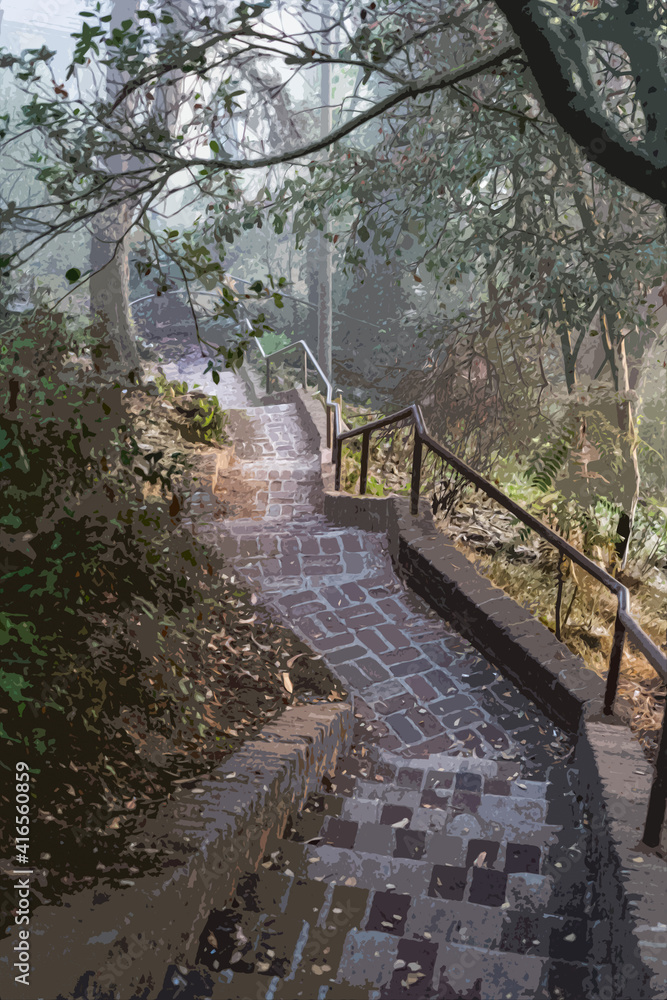 Brick Stairs in a Green Park on a Foggy Morning Brick Stairs in a Green Park on a Foggy Morning