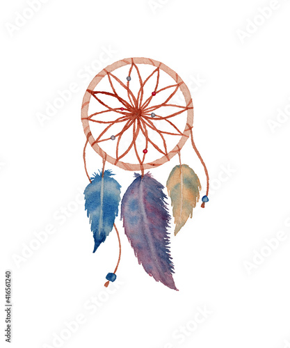 Watercolor ethnic tribal dreamcatcher with beads and feathers