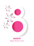 Banner for the International Women's Day. Greeting card for 8 March with the decor of flowers.Number 8 in the style of cut paper with a spring flowers.For brochures, postcards, tickets, banners.