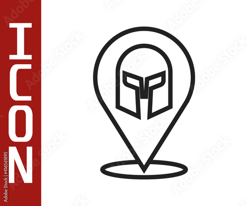 Black line Greek helmet icon isolated on white background. Antiques helmet for head protection soldiers with a crest of feathers or horsehair. Vector.