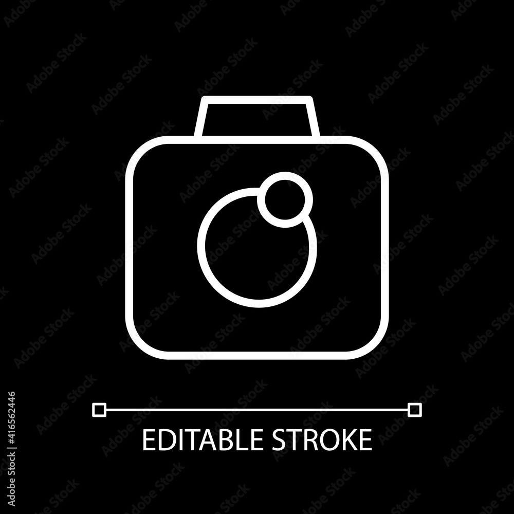 Camera app white linear icon for dark theme. Taking photos. Video recording. Smartphone application. Thin line customizable illustration. Isolated vector contour symbol for night mode. Editable stroke Camera app white linear icon for dark theme. Taking photos. Video recording. Smartphone application. Thin line customizable illustration. Isolated vector contour symbol for night mode. Editable stroke