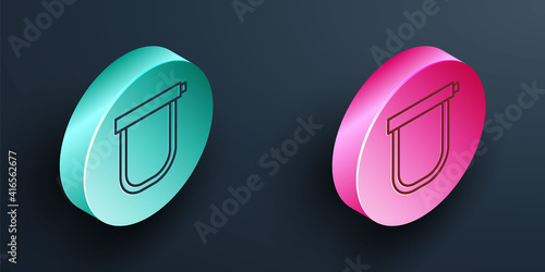 Isometric line Bicycle lock U shaped industrial icon isolated on black background. Turquoise and pink circle button. Vector.