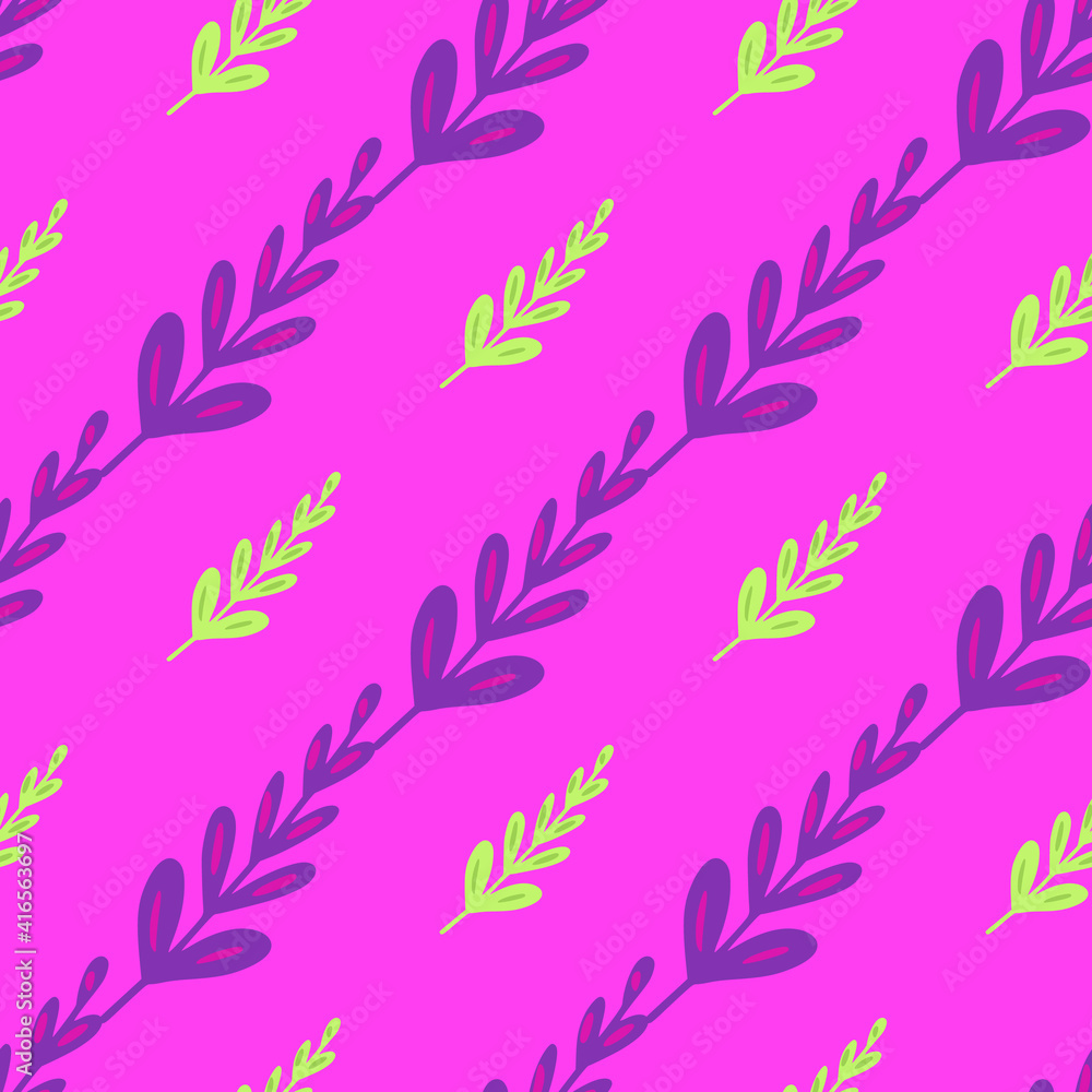 Scrapbook seamless pattern with purple and green bright leaves branches ornament. Pink background. Scrapbook seamless pattern with purple and green bright leaves branches ornament. Pink background.