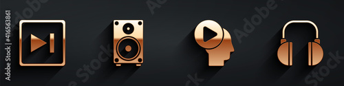 Set Fast forward, Stereo speaker, Head people with play button and Headphones icon with long shadow. Vector.