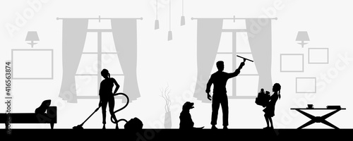 Family cleaning living room. Black silhouette of housework scene. Domestic work. People tidy home. Horizontal image of flat sweeping. Vector illustration
