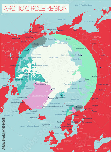 Arctic Circle Region detailed editable map with regions cities and towns, geographic sites. Vector EPS-10 file