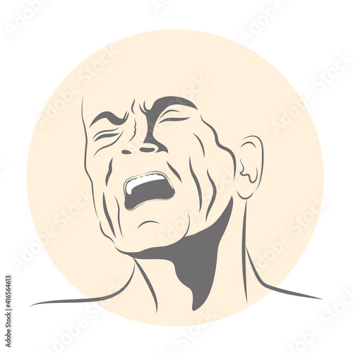 Man is in pain with grimace of anguish on his face. Suited for  ache medicine packaging. Vector illustration. Healthcare poster or banner template.
