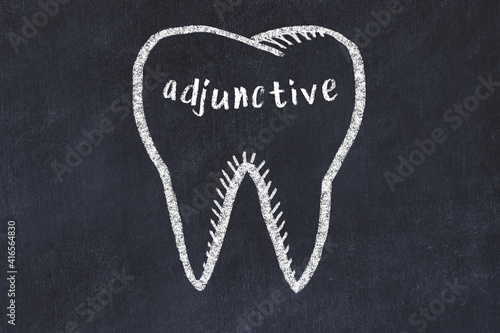 Chalk drawing of a tooth with medical term adjunctive. Concept of learning stomatology