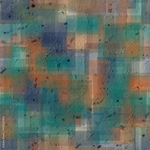 Seamless overlaid geometric shape pattern print. High quality illustration. Transparent rectangles filled with gradient colors scattered. Handmade paper texture overlay.