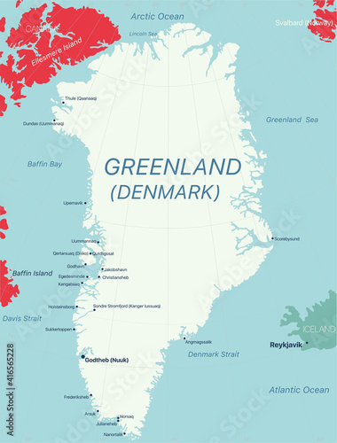 Greenland island detailed editable map with regions cities and towns, geographic sites. Vector EPS-10 file