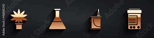 Set Marijuana or cannabis plant in pot, Test tube and flask, Electronic cigarette and Medicine bottle and pills icon with long shadow. Vector.