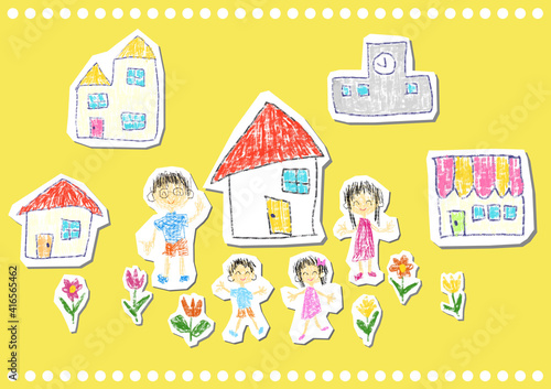 子供が書いたようなイラスト　クレヨン　色鉛筆　家族　マイホーム　お出かけ