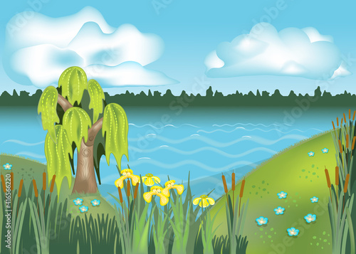 Natural landscape with a blue sky, a river, a tree,flowery meadows and thickets of reeds and calamus on the near shore. Vector illustration for background,wallpaper,to integrate with text or message.