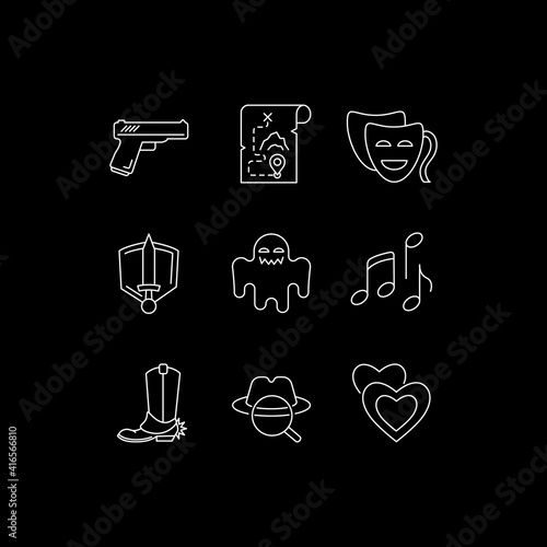 Movie genres white linear icons set for dark theme. Cinematography, filmmaking and cinema business. Night mode customizable thin line symbols. Isolated vector outline illustrations. Editable stroke