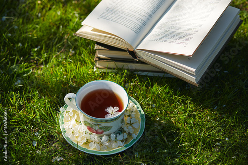 A cup of tea on a pile of books covered with cherry flowers on a grass