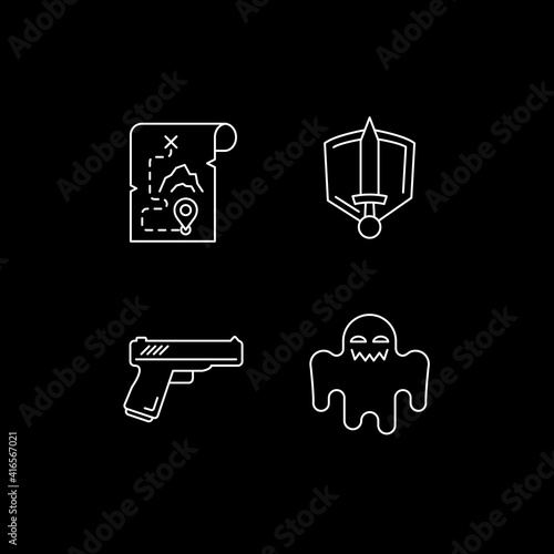 TV genres white linear icons set for dark theme. Movie and film categories. Horror and history. Night mode customizable thin line symbols. Isolated vector outline illustrations. Editable stroke