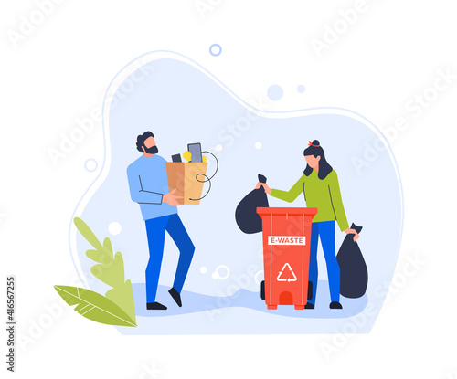 People trow old gadget in e-waste bin. Bin recycling electronic, dump with hardware, digital pollution with rubbish utilization. Vector illustration