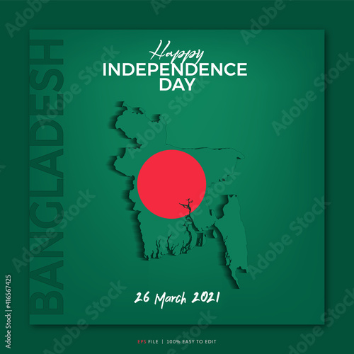 March 26, Independence Day of Bangladesh social media post or greeting card template. National Martyrs Memorial, pigeon on minimal background with the patriotic color theme.
