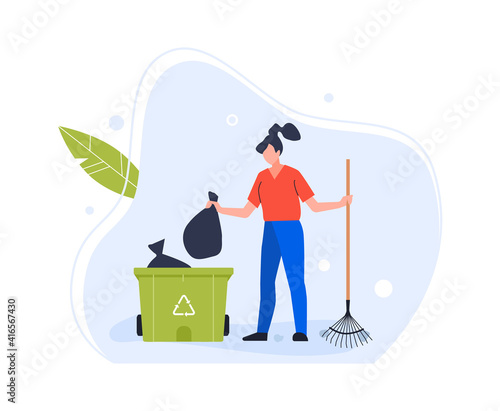Woman throw trash in garbage recycle bin. Vector bin trash, woman and waste garbage, ecology recycling dumping, illustration © WinWin