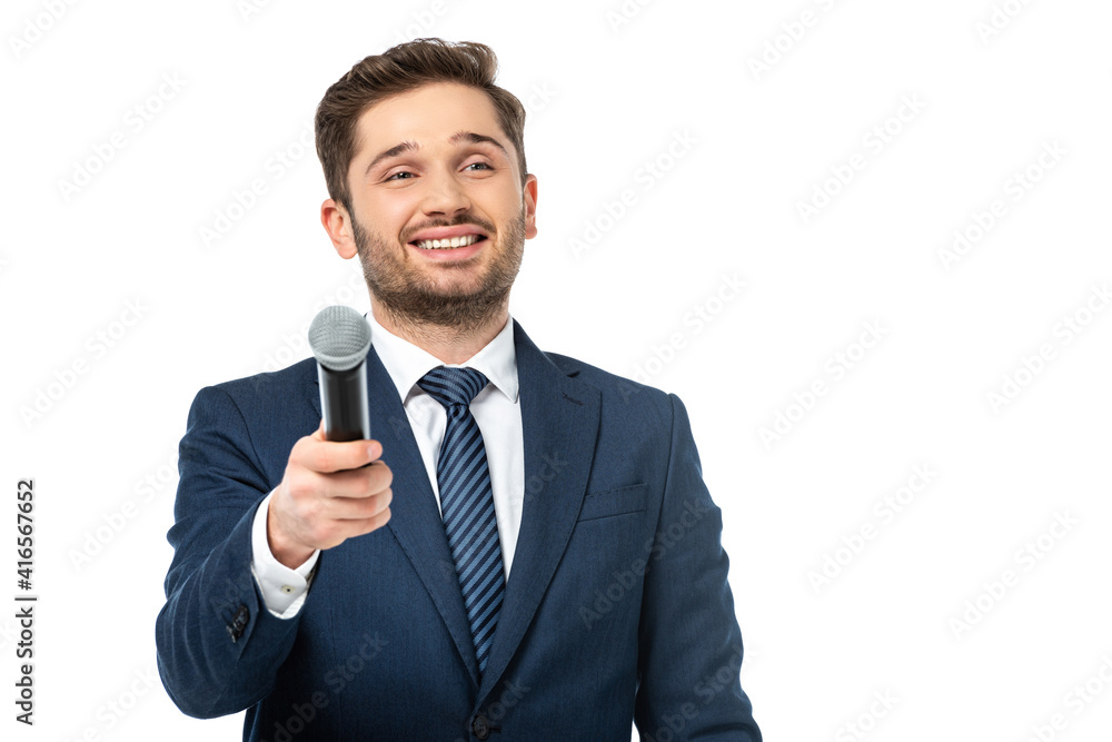 happy news presenter holding microphone while looking away isolated on white happy news presenter holding microphone while looking away isolated on white