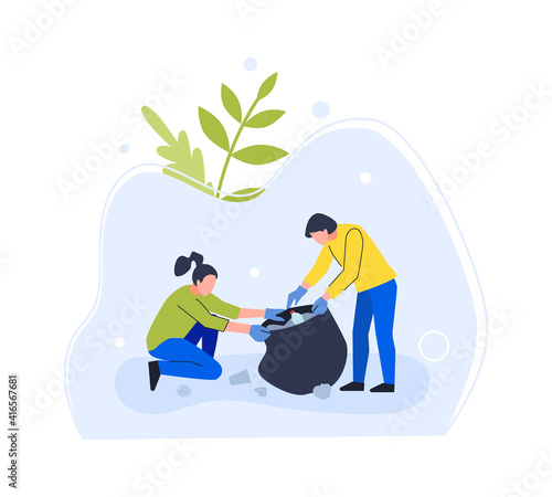 People clean environment from garbage, collect in bag. Vector volunteer collect garbage, ecology clean from trash and rubbish illustration