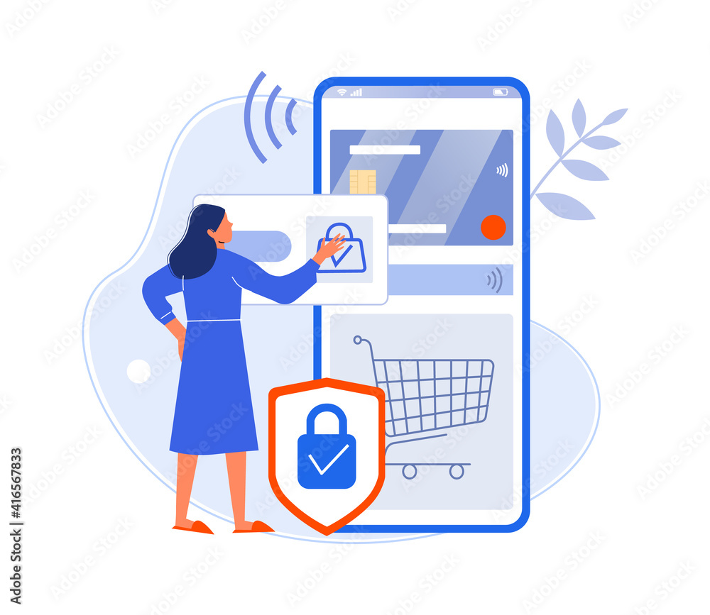 Lady pay for purchase use credit card in smartphone. Woman buy online purchase, modern technology web shop from mobile smartphone. Vector illustration Lady pay for purchase use credit card in smartphone. Woman buy online purchase, modern technology web shop from mobile smartphone. Vector illustration