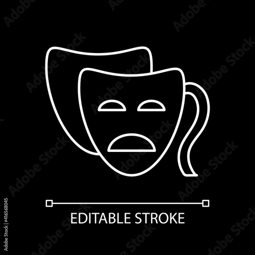 Drama white linear icon for dark theme. Film and TV production. Common movie, classic theater. Thin line customizable illustration. Isolated vector contour symbol for night mode. Editable stroke