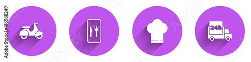 Set Scooter delivery, Online ordering and, Chef hat and Fast by car icon with long shadow. Vector.