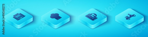 Set Isometric Online ordering burger delivery, Chef hat, Scooter and and icon. Vector.