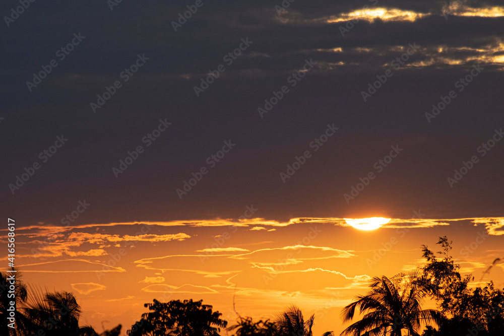 Beautiful orange sky dark clouds at sunset with silhouette trees with Twilight landscape 