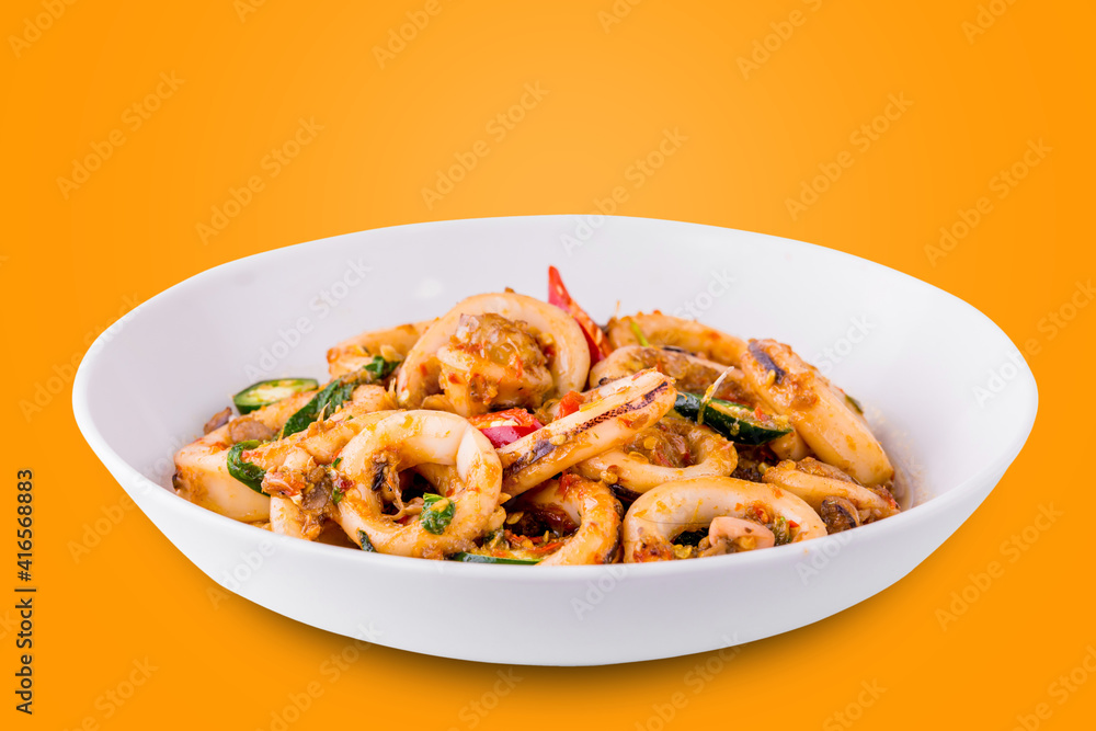 Spicy fried squid with basil leaves Spicy fried squid with basil leaves