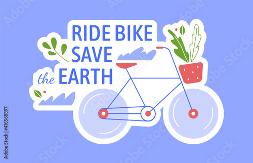 Ride bike save earth. Vector save planet nature, illustration ride green transport and do sport, help environment earth to ecology