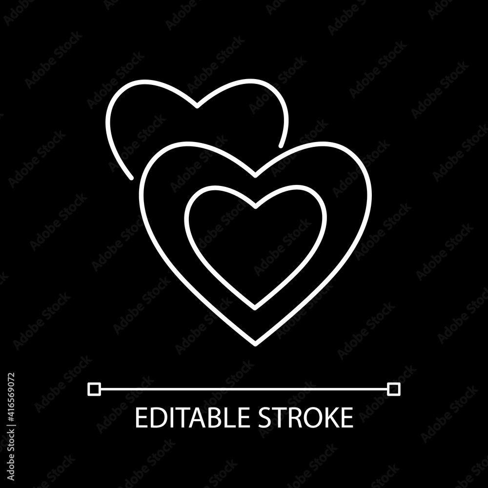 Romance white linear icon for dark theme. Romantic movie, love story. Melodramatic film. Thin line customizable illustration. Isolated vector contour symbol for night mode. Editable stroke