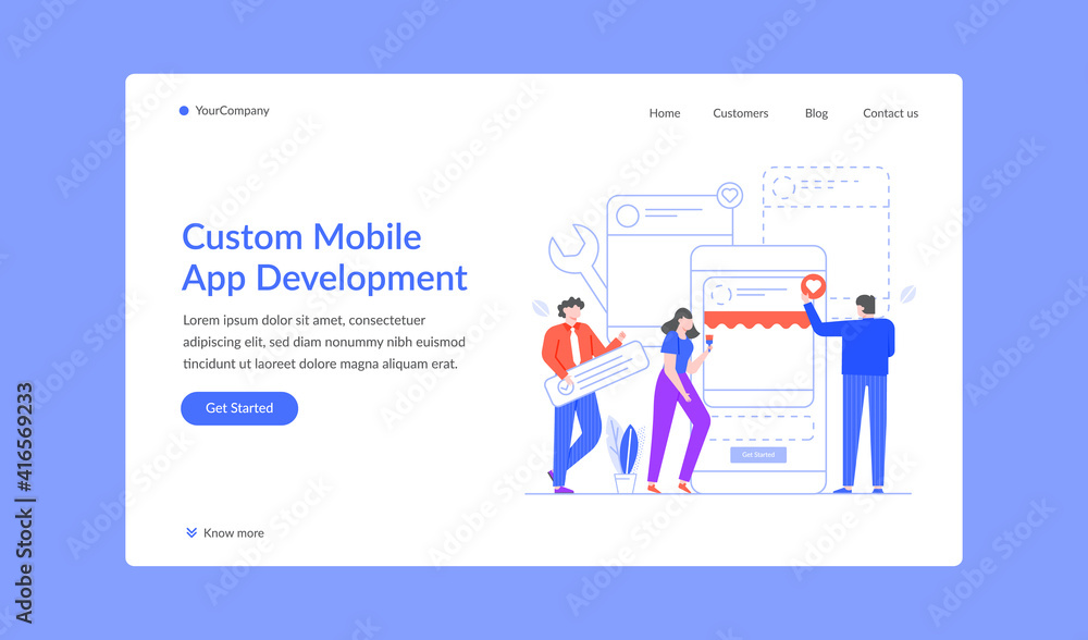 Custom mobile app development landing web site. Vector mobile application interface, website programming and management development illustration