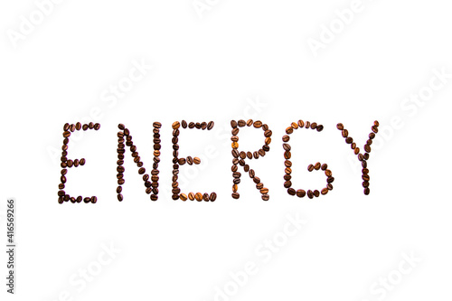 The inscription Energy coffee made from coffee beans on a white background.
